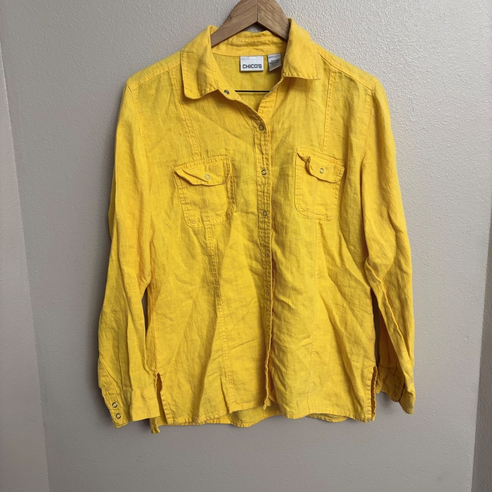 Chico's Linen Snap Front Utility Shirt Size 1 Yellow Boho Coastal Summer